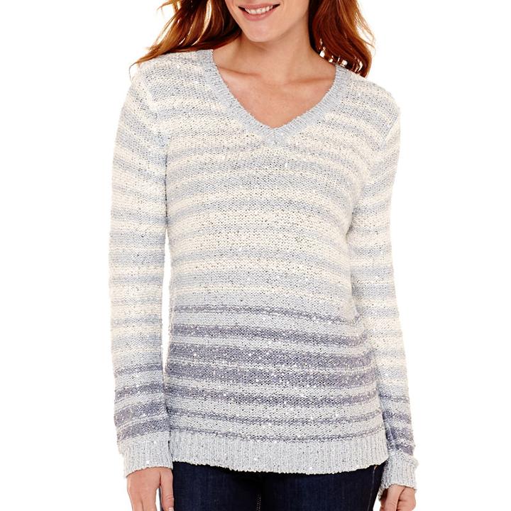Liz Claiborne Long-sleeve V-neck Striped Sequin Sweater