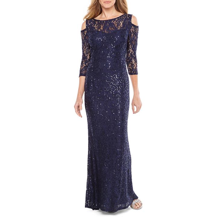 Blu Sage 3/4 Sleeve Cold Shoulder Sequin Lace Evening Gown