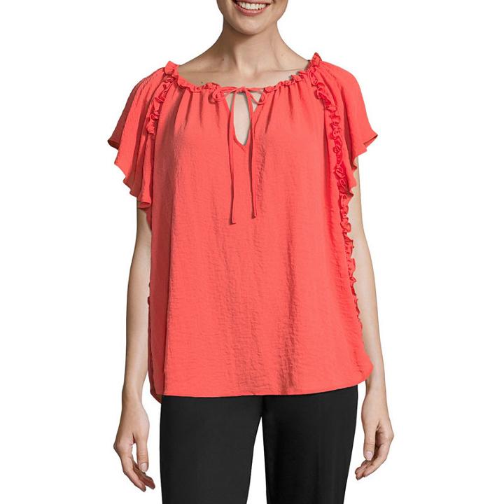Worthington Short Sleeve Split Crew Neck Georgette Blouse