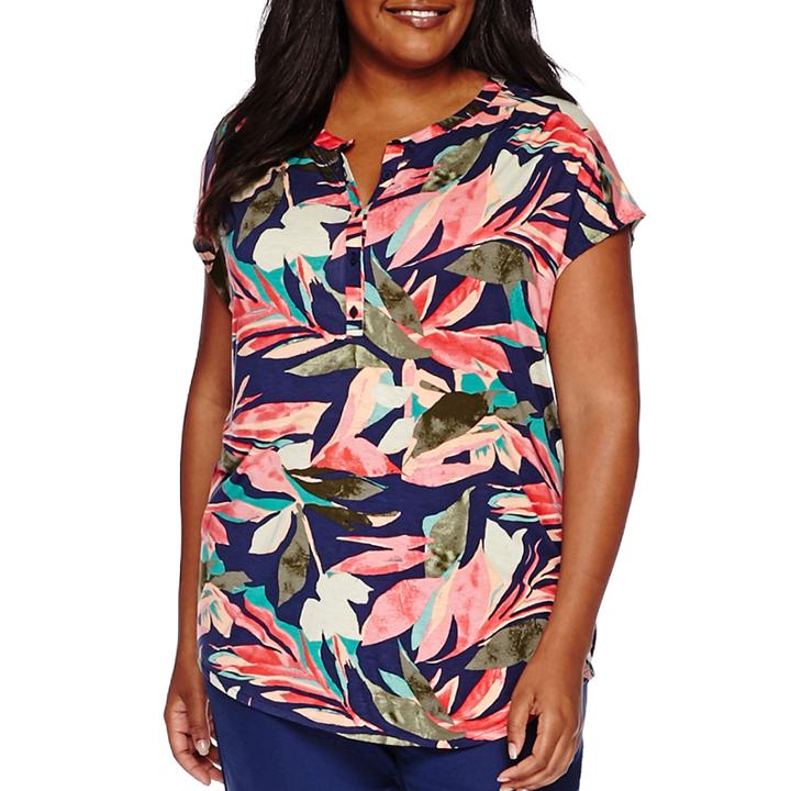 Liz Claiborne Dolman-sleeve Floral Henley Shirt - Plus