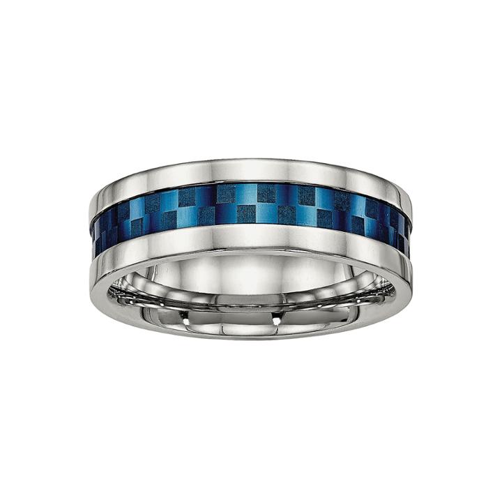 Mens 8mm Stainless Steel & Blue Ion-plated Wedding Band