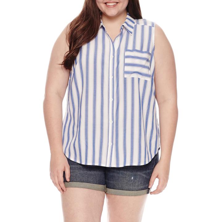 Arizona Sleeveless Stripe Button-front Shirt-juniors Plus