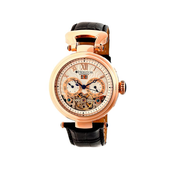 Heritor Automatic Ganzi Mens Leather Day & Date-rose Gold/silver Watches