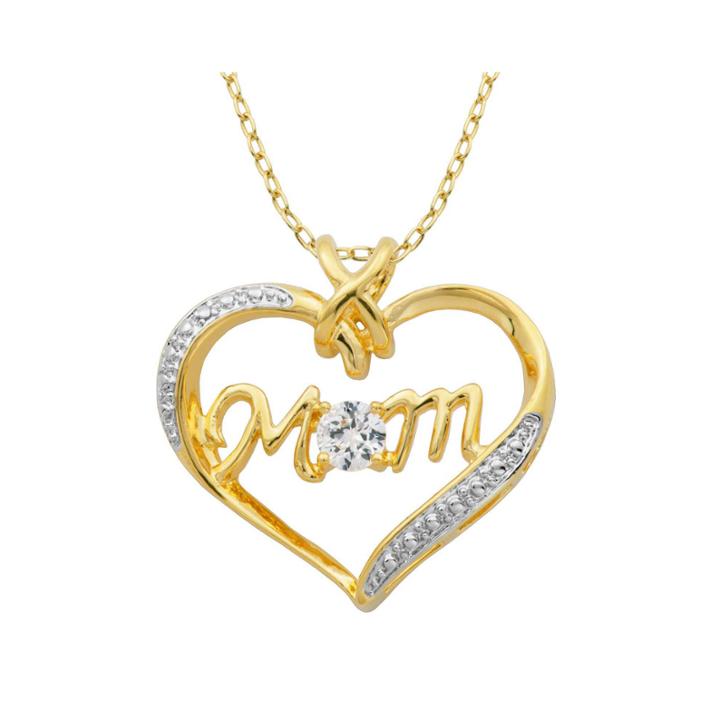Classic Treasures&trade; Lab-created White Sapphire Two-tone Mom Heart Pendant Necklace