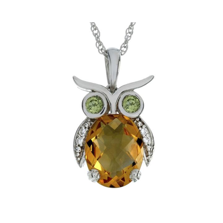 Lab-created Citrine And Simulated Peridot Owl Sterling Silver Pendant Necklace