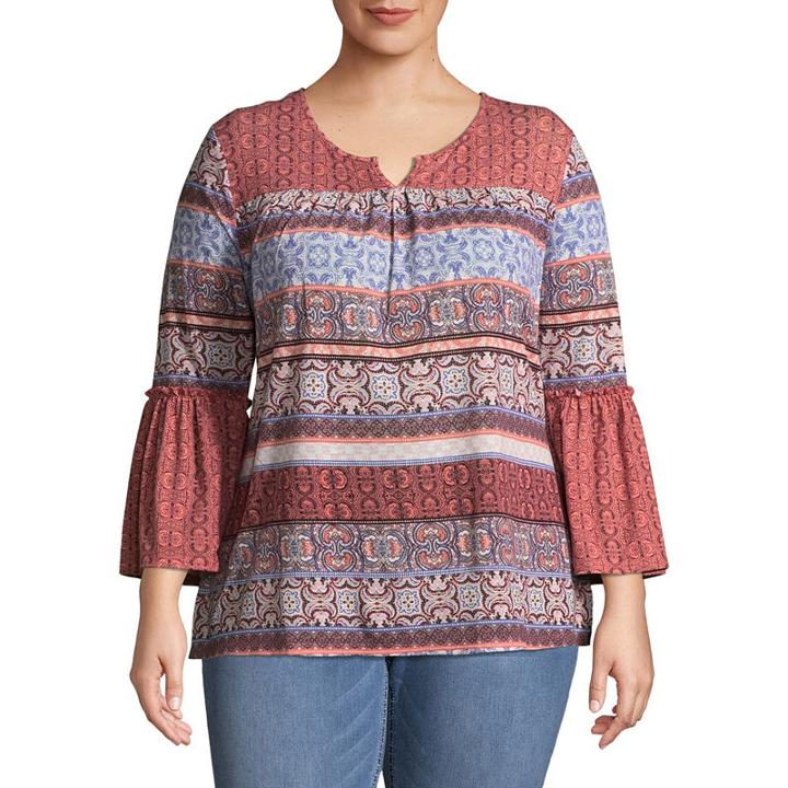 3/4 Bell Sleeve Print Mix Blouse - Plus