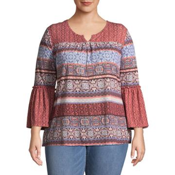 3/4 Bell Sleeve Print Mix Blouse - Plus