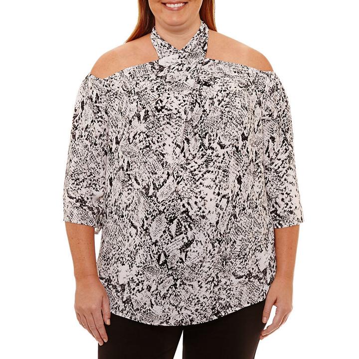 Worthington Elbow Sleeve Cold Shoulder Woven Blouse - Plus