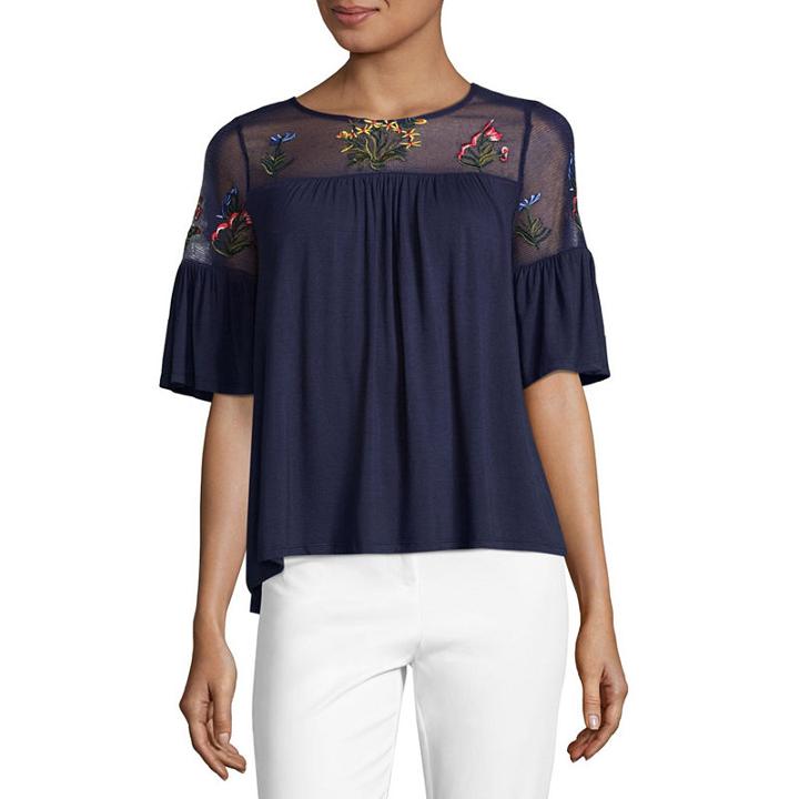 Liz Claiborne Elbow Sleeve Round Neck Jersey Embroidered Blouse