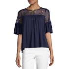 Liz Claiborne Elbow Sleeve Round Neck Jersey Embroidered Blouse