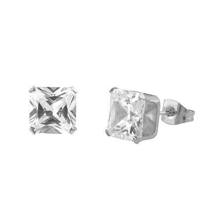 Cubic Zirconia 8mm Stainless Steel Square Stud Earrings