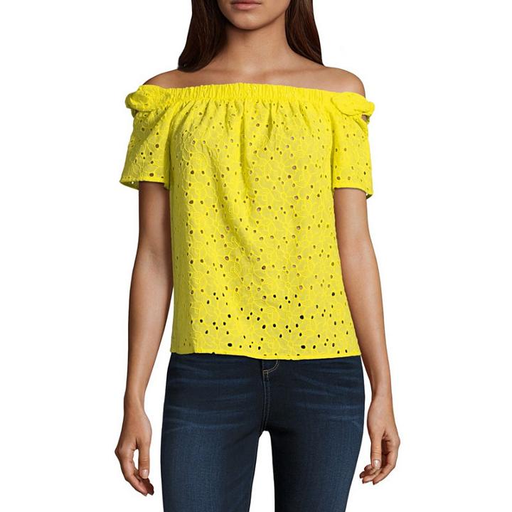 By & By Short Sleeve Straight Neck Eyelet Blouse-juniors