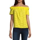 By & By Short Sleeve Straight Neck Eyelet Blouse-juniors