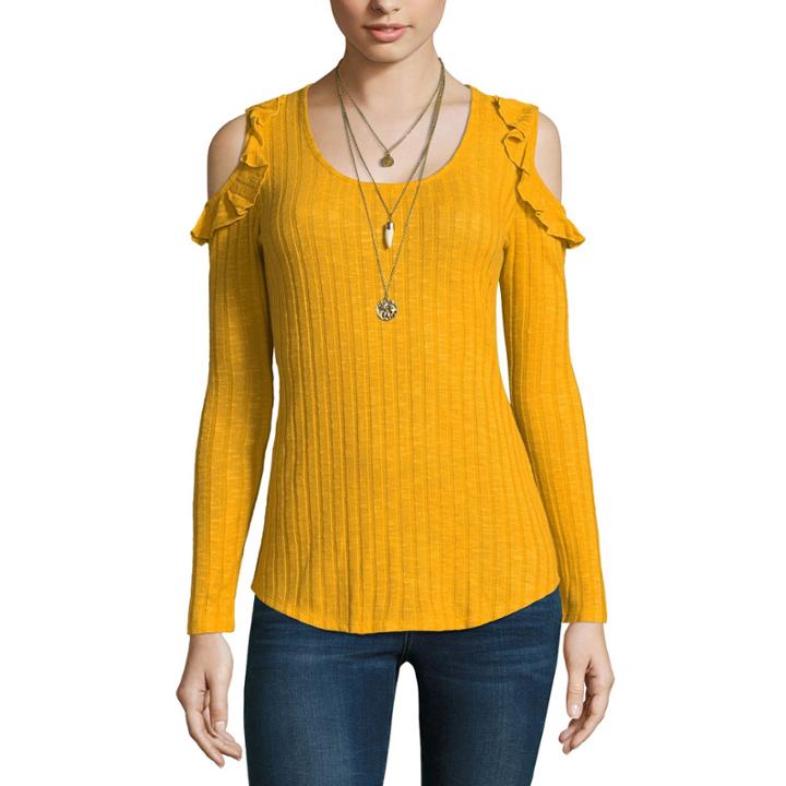 Self Esteem Long Sleeve Round Neck Knit Blouse-juniors