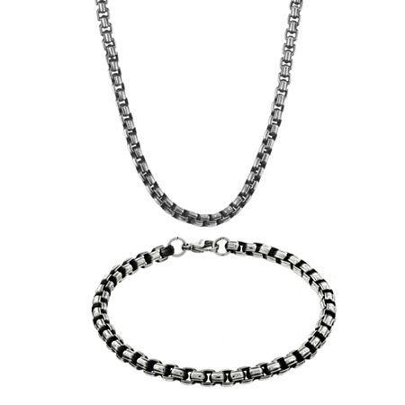 Mens Stainless Steel & Black Ip Inlay 5.5mm Round Box Chain & Bracelet Boxed Set