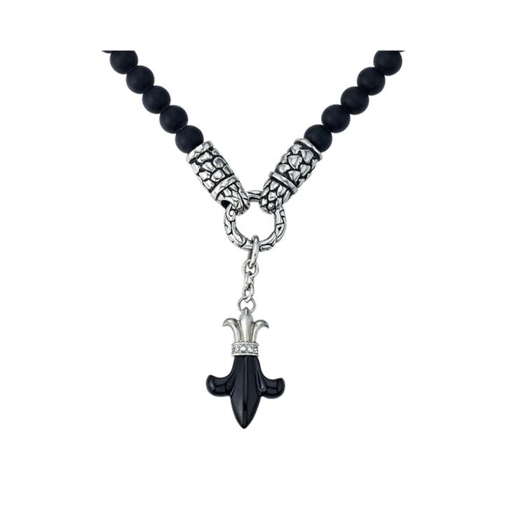 Mens Black Bead And Stainless Steel Fleur-de-lis Drop Necklace