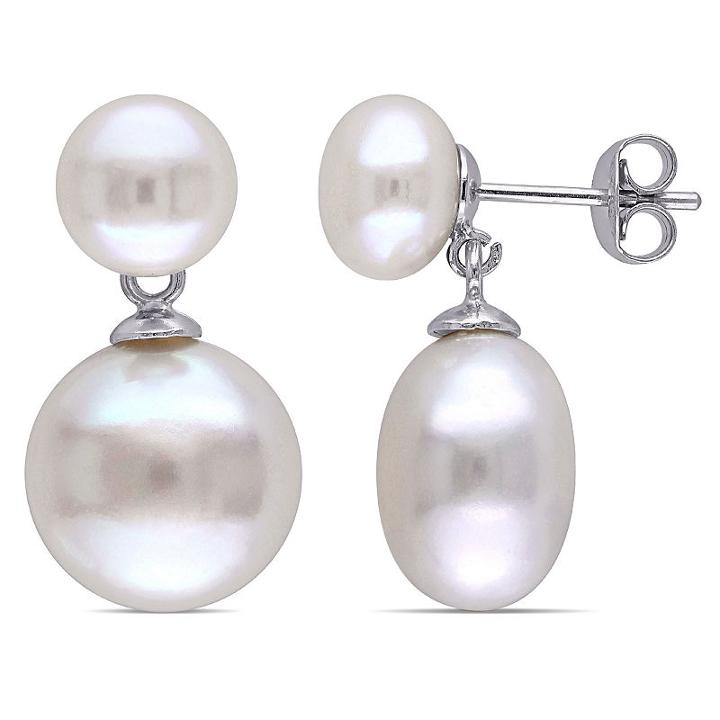 Genuine White Cultured Freshwater Pearls Sterling Silver Drop Earrings