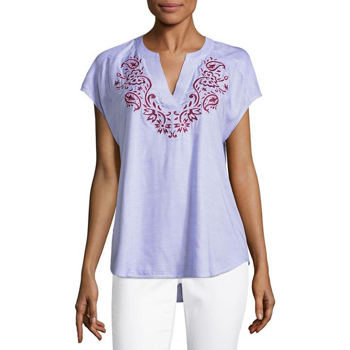 Liz Claiborne Cap Sleeve Split Crew Neck Woven Floral Blouse