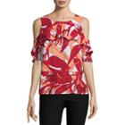 Liz Claiborne Cold Shoulder Round Neck Woven Blouse