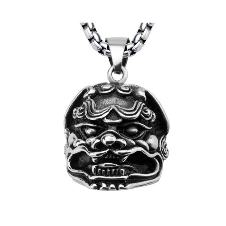 Mens Silver-tone Black Oxidized Stainless Steel Lion Pendant