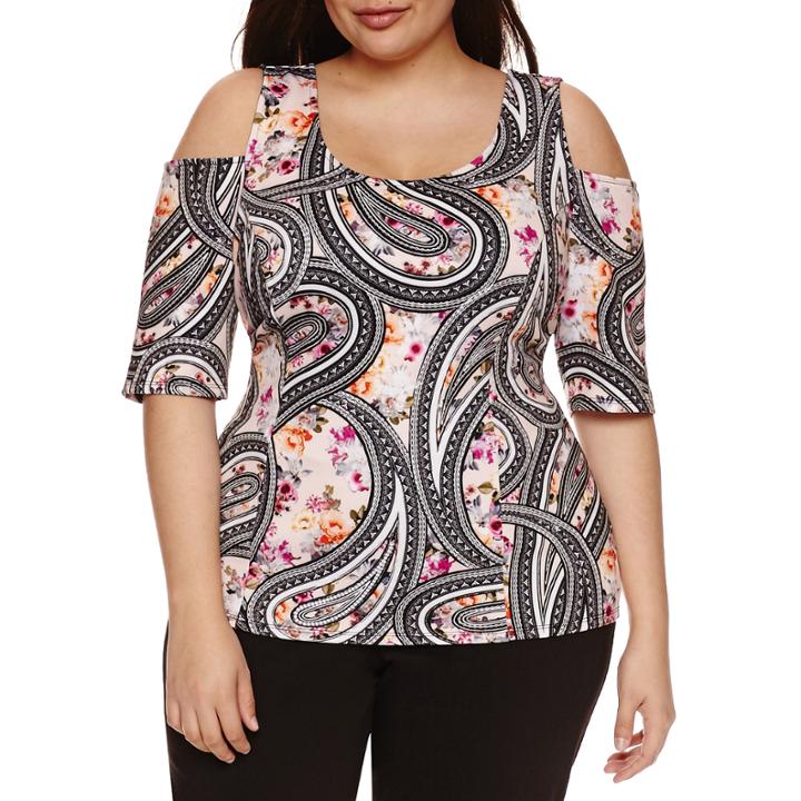 Bisou Bisou Elbow Sleeve Scoop Neck Knit Blouse-plus