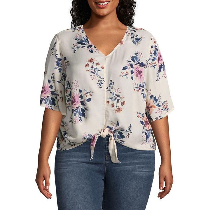 Arizona 3/4 Sleeve V Neck Gauze Blouse-juniors Plus