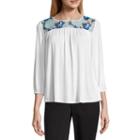 Liz Claiborne Long Sleeve Embroidered Knit Top-womens