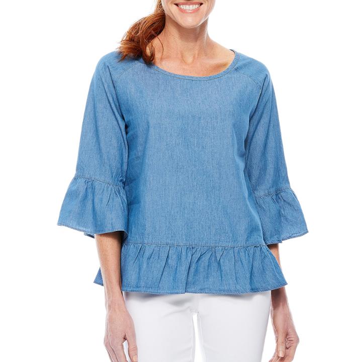 Sag Harbor Denim And Chambray 3/4 Sleeve Peplum Top