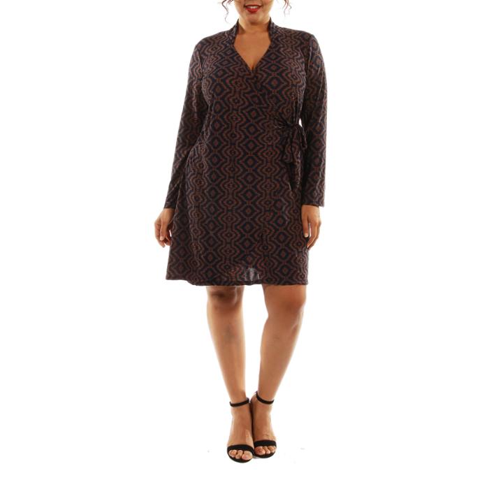 24/7 Comfort Apparel Chocolate & Navy Wrap Dress-plus