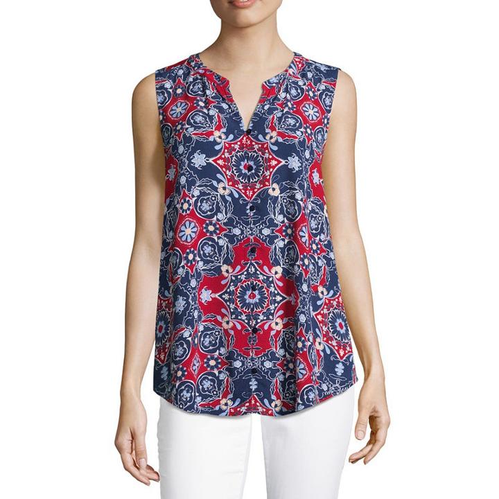 Liz Claiborne Sleeveless Split Neck Floral Woven Blouse