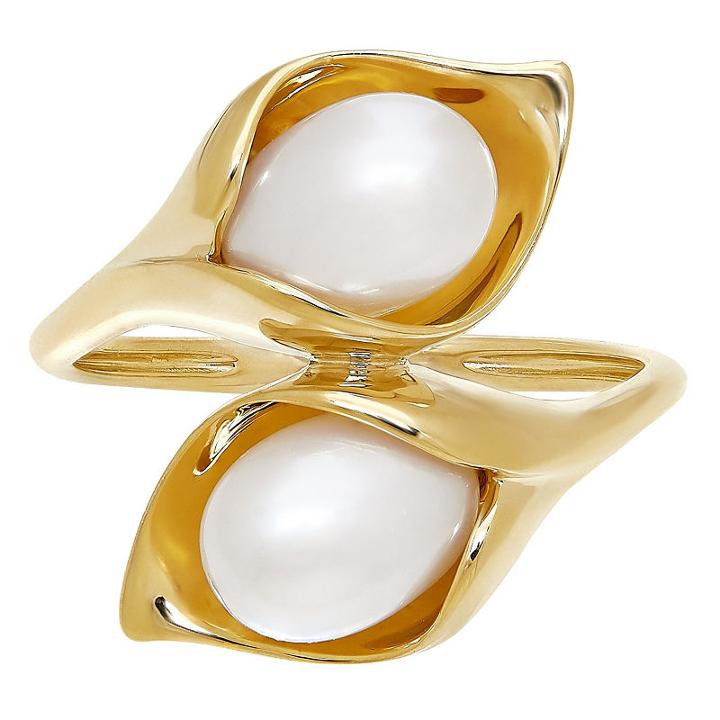 Womens Genuine White Cultured Freshwater Pearls 10k Gold Cocktail Ring
