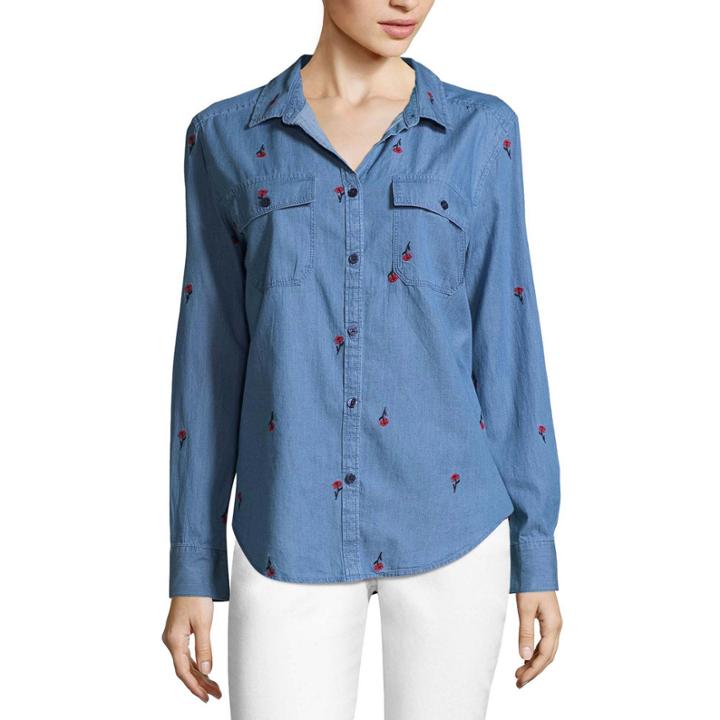 Liz Claiborne Long Sleeve Floral Embroidered Button-front Shirt