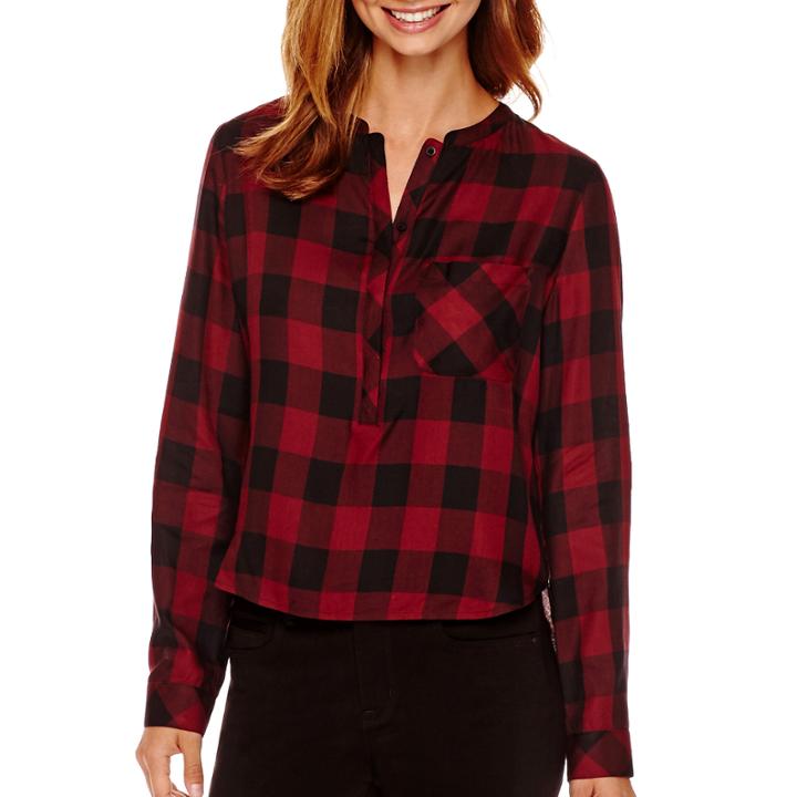 A.n.a Long-sleeve Plaid Mandarin Collar Blouse - Tall