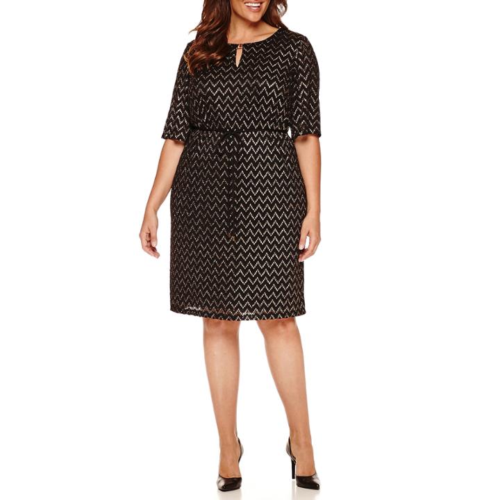 Studio 1 Elbow Sleeve Metallic Lace Belted Sheath Dress-plus