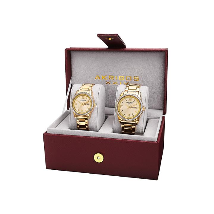 Akribos Xxiv His And Hers Gold-tone Crystal Accent Bracelet Watch Set