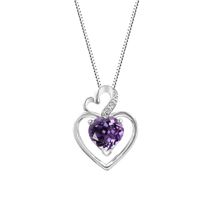 Genuine Amethyst Sterling Silver Double Heart Pendant Necklace