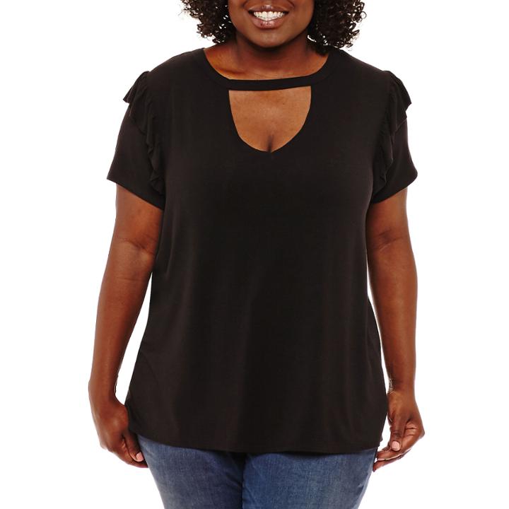 Boutique + Short Sleeve Keyhole Neck T-shirt-womens Plus