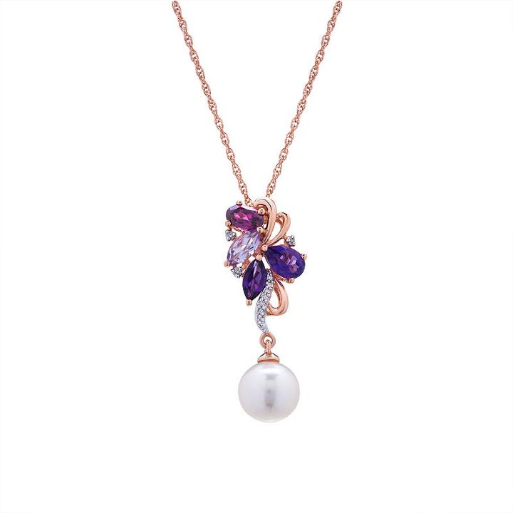 Womens Diamond Accent Genuine Purple Amethyst Cultured Freshwater Pearls Pendant Necklace