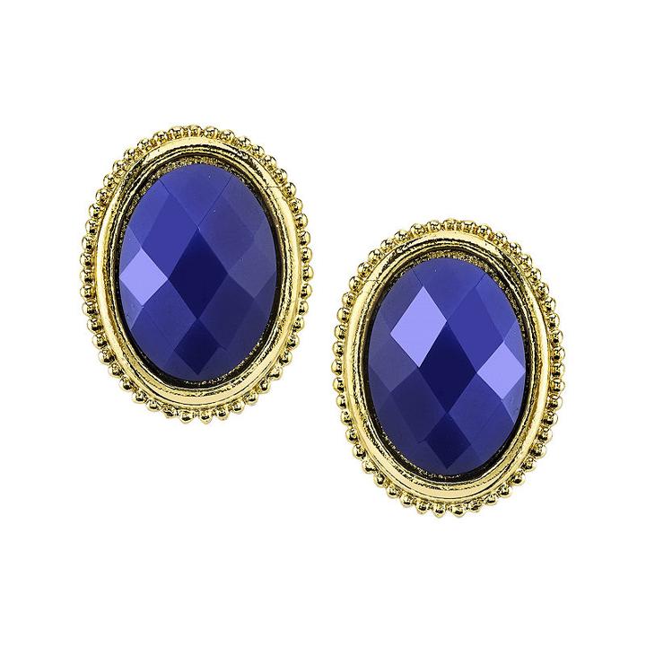 1928 Blue Gold-tone Button Earrings
