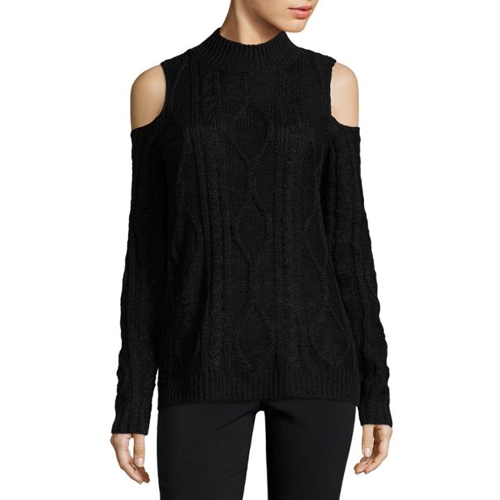 Freshman Long Sleeve Round Neck Cold Shoulder Cable Pullover Sweater-juniors
