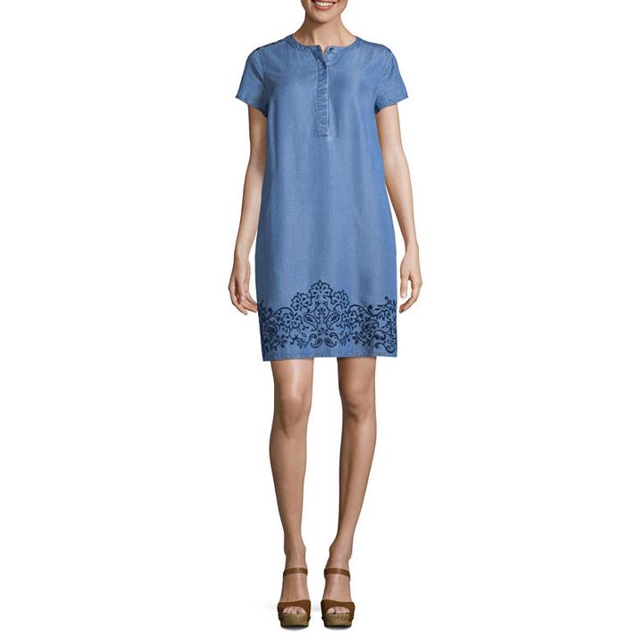 Liz Claiborne Short Sleeve Embroidered Chambray Shift Dress