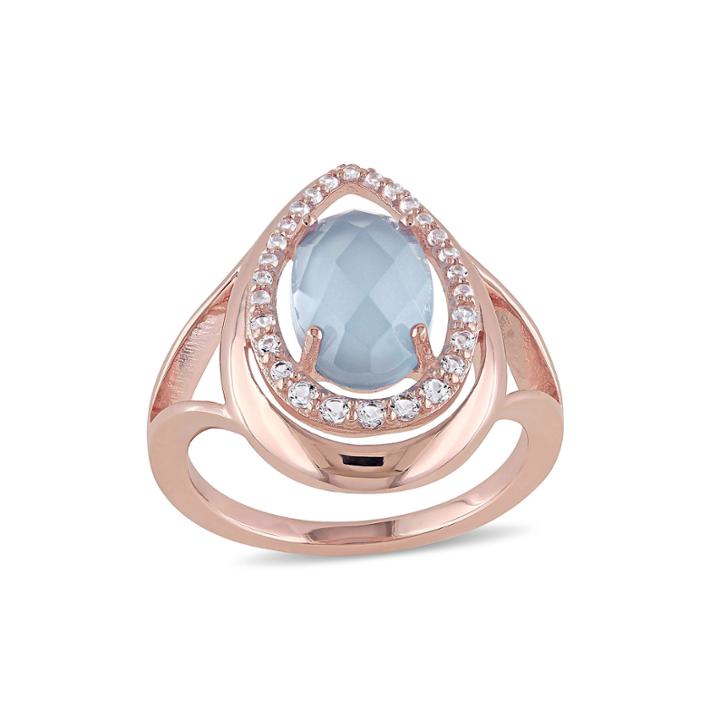 Genuine Chalcedony And White Topaz Rose Gold Over Silver Ring