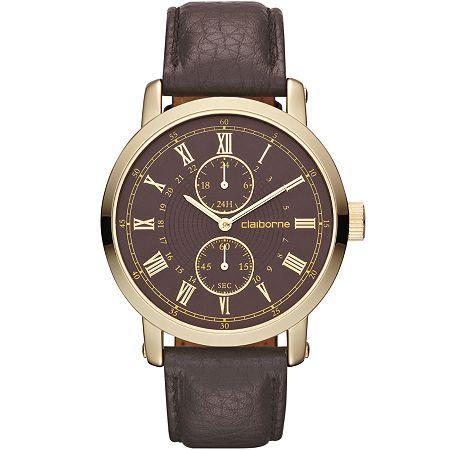 Claiborne Mens Brown Leather Gold-tone Watch
