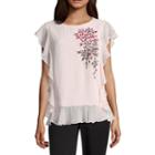 Liz Claiborne Crew Neck Embroidered Ruffle Sleeve Blouse- Talls