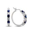 Lab Created Blue & White Sapphire Hoop Earrings In Sterling Silver