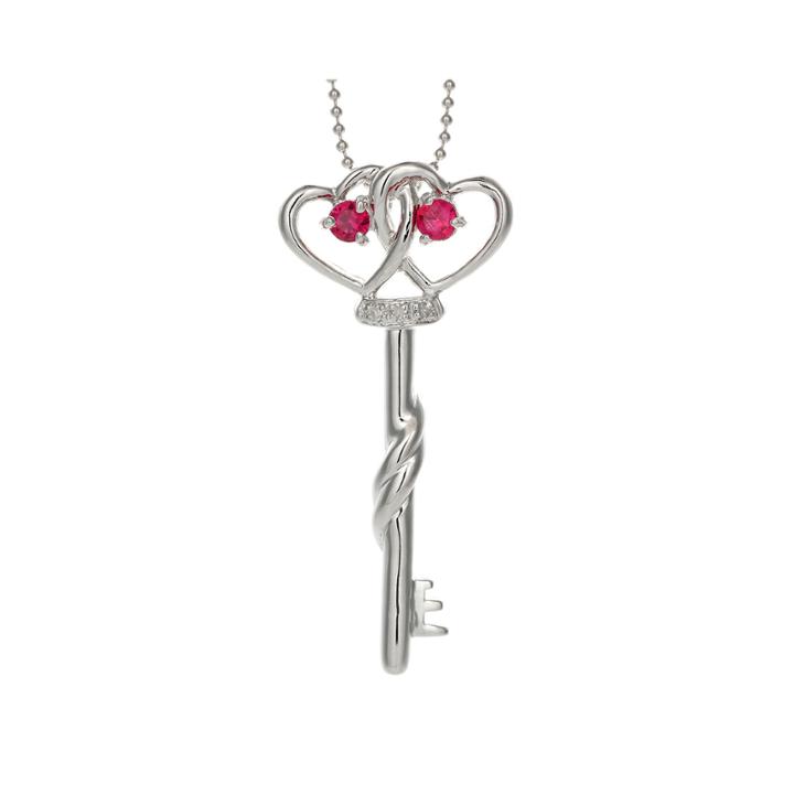 Lab-created Ruby And Diamond-accent Double-heart And Key Pendant Necklace