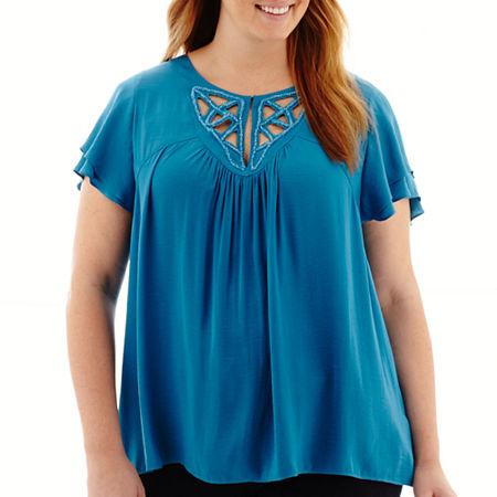 A.n.a Flutter-sleeve Embellished-neck Woven Top - Plus