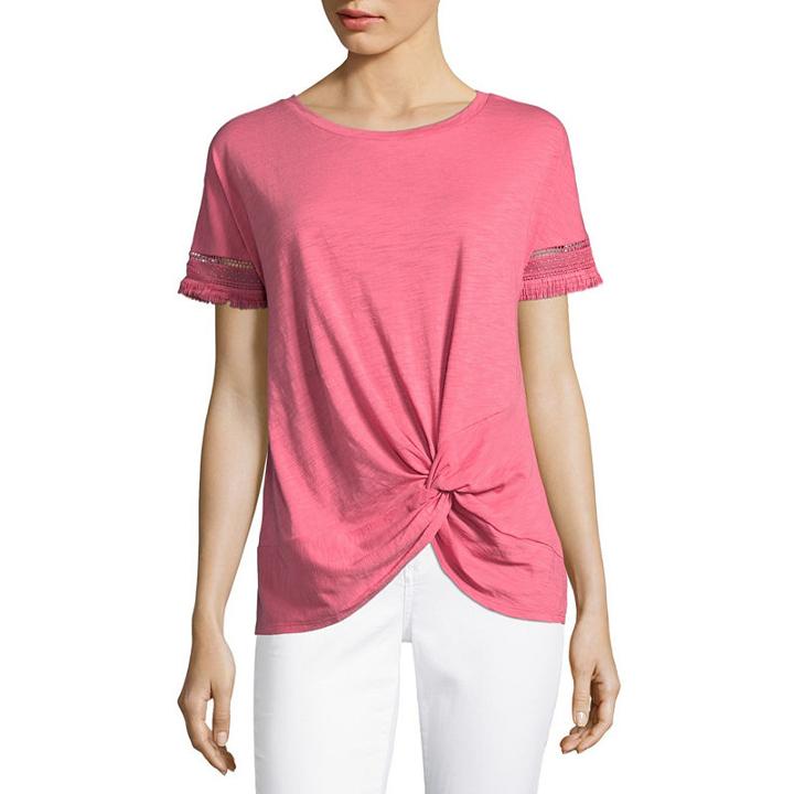 Liz Claiborne Short Sleeve Fringe Twist Hem T-shirt-womens