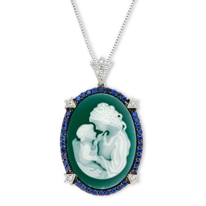 Green Agate & Lab-created Sapphire Oval Family Cameo Pendant