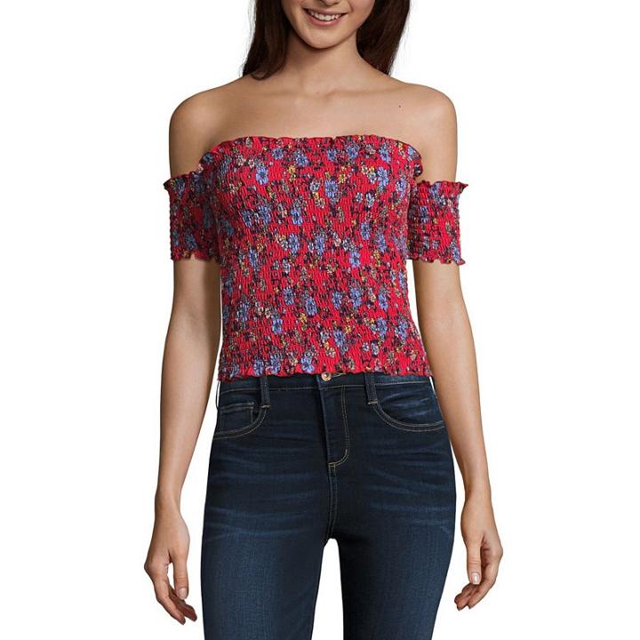 Almost Famous Short Sleeve Straight Neck Jersey Blouse-juniors